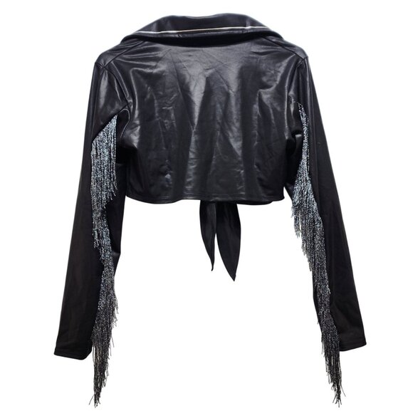 Forplay Womens Black Fringe Faux Leather Cropped Jacket Size L/XL - Picture 6 of 6